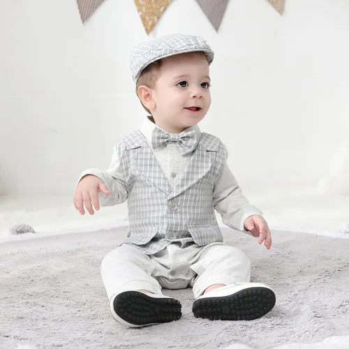 Vista 3 de HOSUKKO - Traje de bebé para caballero, mamelucos + boina + corbatín (0-24 meses)