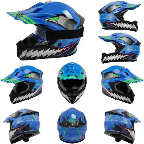Vista 3 de TCMT Azul Niños Motocross ATV Dirtbike BMX Offroad Cara Completa Juventud Casco Guantes Gafas Aprobado Punto