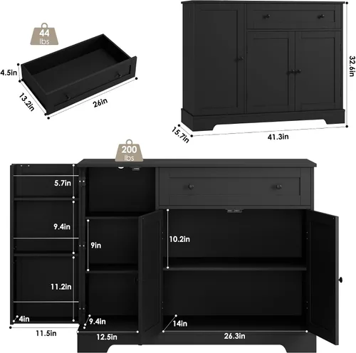 Vista 3 de HOSTACK Gabinete del buffet del aparador de cocina de 41" W, pequeña barra Negro