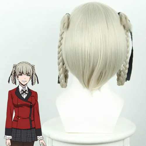 Vista 2 de Anime japonés Kakegurui Kirari Momobami 13.8in corto Pelucas gris Trenzas estilo clip en Cosplay peluca+peluca casquillo