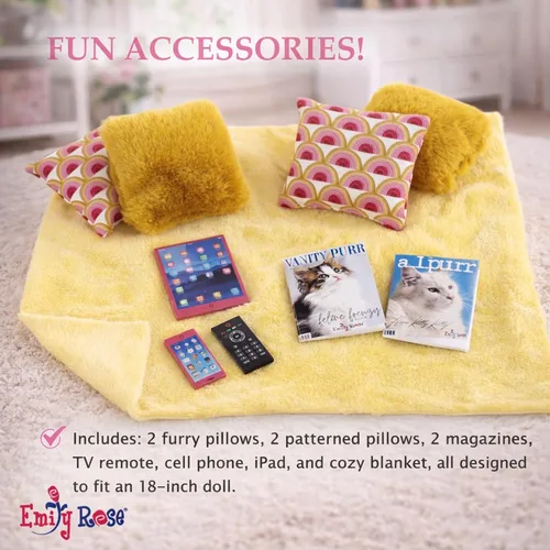Vista 4 de Emily Rose Juego de muebles de sala de estar de muñeca de 18 pulgadas, sofá modular convertible de madera de 19 piezas con TV, chimenea, cojines