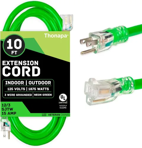 Vista 22 de Thonapa Cable de extensión de calibre 12 de 6 pies para exteriores, resistente 12/3, extremo iluminado SJTW Cable negro, 3 clavijas, enchufe a