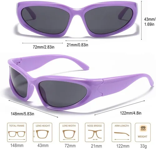 Vista 5 de BAWUYI Y2K - Gafas de sol envolventes para hombres y mujeres gafas cibernéticas deportivas con protección UV400 marco morado lente gris