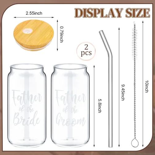 Vista 2 de 2 juegos de tazas de vidrio para madre del novio con tapas y pajitas, tazas de café helado de 16 onzas, regalos de boda para novia y novio (padre)