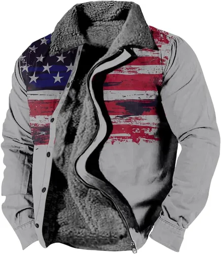 Vista 6 de LOAIHA Chaqueta de invierno para hombre, chaqueta de bandera estadounidense, abrigos occidentales para hombre, con cremallera, forro polar cálido