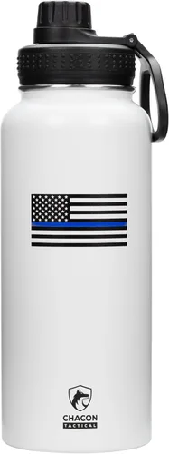 Vista 11 de Botella de agua aislada, negro, acero inoxidable, 32 onzas, diseño de bandera estadounidense de línea azul fina, boca ancha