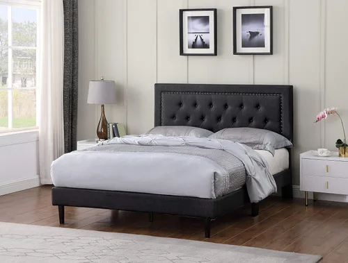 Vista 8 de Base de cama de plataforma tapizada tamaño matrimonial con cabecero ajustable de 48 pulgadas de alto, cama de terciopelo de lino con botones