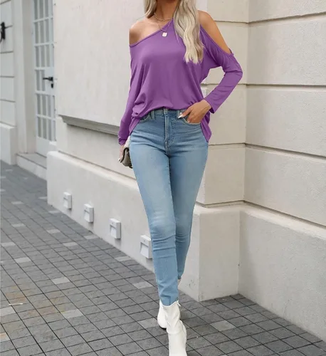 Vista 2 de ONDIAN Women's Cold Shoulder Long Sleeve Tunic Tops Loose Casual Off Asymmetrical Oversized Shirts Blouses Boat Neck Tunics