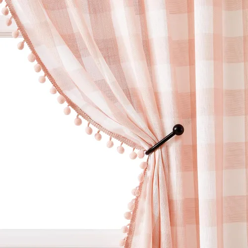 Vista 15 de Cortinas de cuadros blancos y negros con pompones, 45 pulgadas, semitransparentes a cuadros Blanco y negro