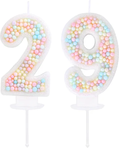 Vista 25 de Vela de Cumpleaños Número 0 Macarrón con Purpurina 3D Número 0 Vela Adorno para Pastel para Cumpleaños Boda Aniversario Fiesta Temática Dulce Pastel