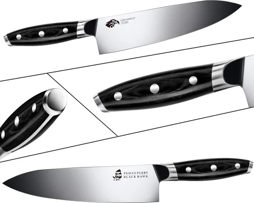 Vista 4 de TUO - Cuchillo de chef de 8 pulgadas - Cuchillo de cocina profesional, de acero alemán de alto carbono - Mango de madera de Pakka de espiga completa