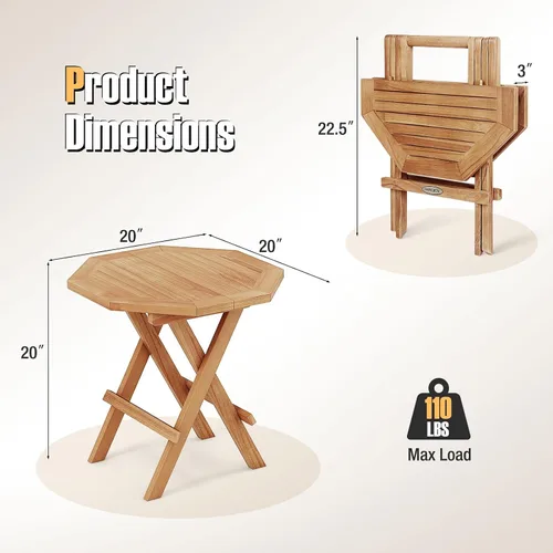 Vista 3 de RELAX4LIFE Mesa auxiliar plegable para exteriores, mesa auxiliar de madera de teca, mesa de café octogonal con mesa de listones, mesa de campamento