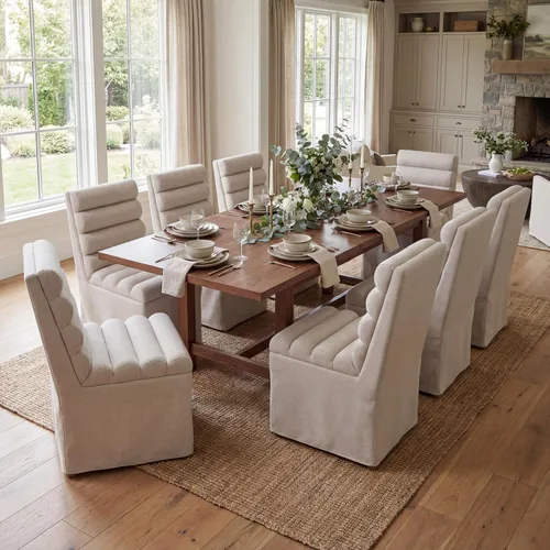 Vista 16 de CIMOTA Juego de 2 sillas de comedor tapizadas, sillas de comedor de tela moderna con respaldo alto cilíndrico/funda con faldón, sillas de cocina sin