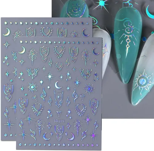 Vista 5 de 8 hojas de calcomanías para uñas de sol, luna, estrella para mujer, calcomanías láser 3D, oro rosa, plata, calcomanías para suministros de uñas