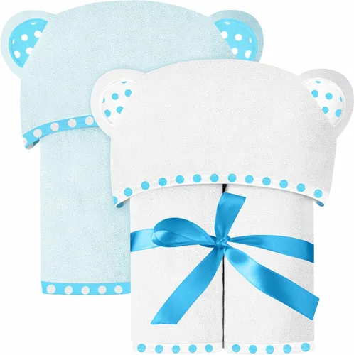 Vista 15 de Juego de 2 toallas de bebé con capucha, color azul, lujosas, grandes y superabsorbentes, 30 x 30 pulgadas, suaves y adecuadas para bebés, niños