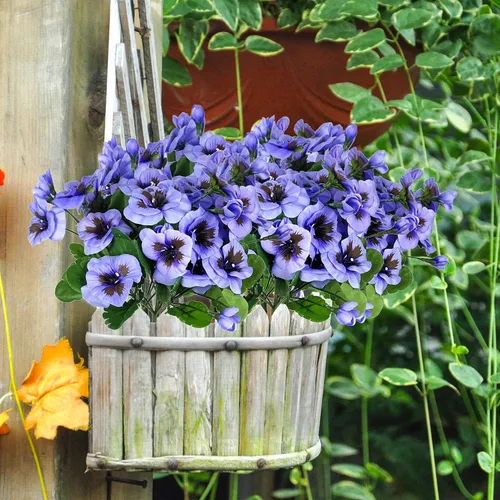 Vista 4 de Flores falsas pansy, flores silvestres pequeñas, margaritas de plástico sintético moradas para el hogar, boda, cocina, jardín, centros de mesa