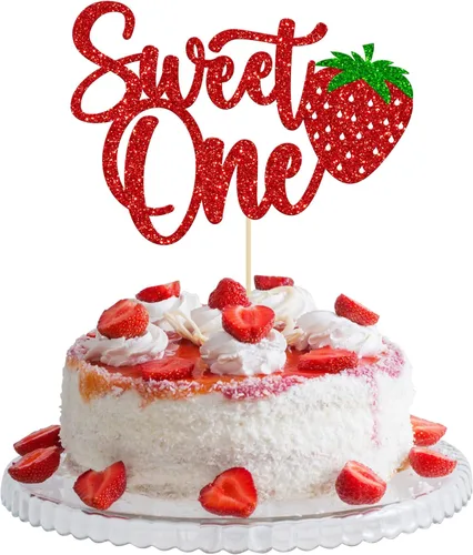 Vista 13 de Gyufise 1 pieza de fresa Sweet One Cake Topper Glitter First Birthday Strawberry Cake Pick para el tema de fruta dulce, baby shower, fiesta