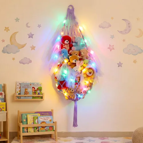 Vista 4 de HunnmingRe Organizadores de almacenamiento de animales de peluche, red colgante de esquina con luces LED, almacenamiento de juguetes de 59 pulgadas