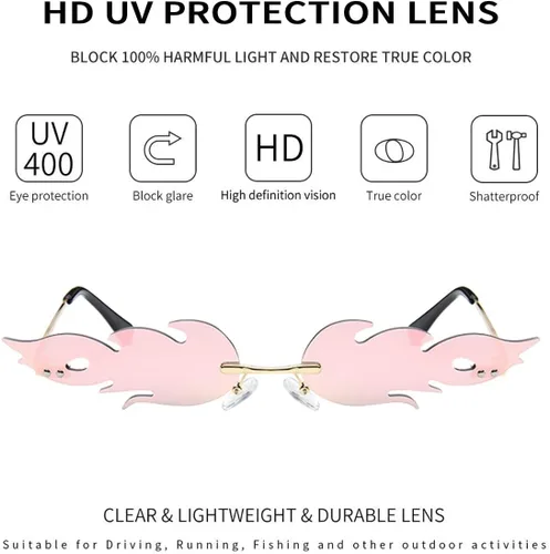 Vista 4 de Dollger Lentes de sol Flame Fire para mujeres y hombres, lindos lentes de llama espejados sin montura para fiesta, color rosa