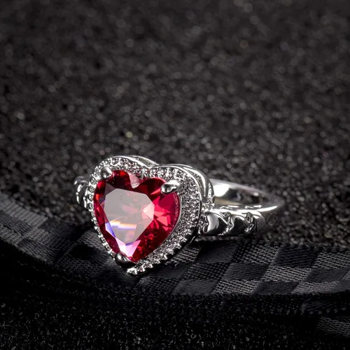 Vista 2 de Anillo de compromiso con circonita cúbica en forma de corazón rubí para mujer, joyería exquisita para aniversario