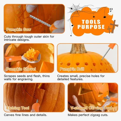 Vista 3 de Kit de tallado de calabaza, herramientas de Halloween, juego profesional de tallado de 10 piezas, acero inoxidable de doble cara, herramienta