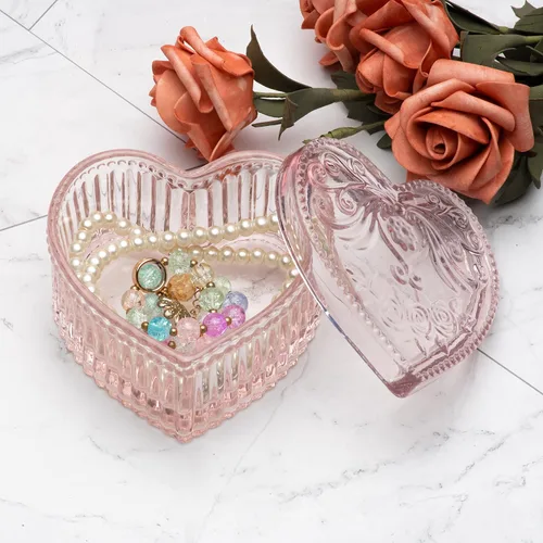 Vista 6 de COWFEX Joyero de cristal en forma de corazón con tapa para niñas y mujeres, organizador de almacenamiento de baratijas, caja decorativa para San