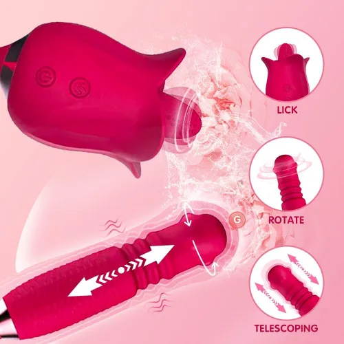 Vista 3 de Juguete sexual de rosas para mujeres, estimulador sexual de rosas 3 en 1 para mujeres, 10 lenguas lamiendo y 10 telescópicas y vibrador de rotación