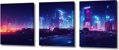Vista 82 de Cuadros de 3 paneles de Cyberpunk City - Arte de pared de vallas publicitarias de edificios modernos en la capital con obras de arte modernas