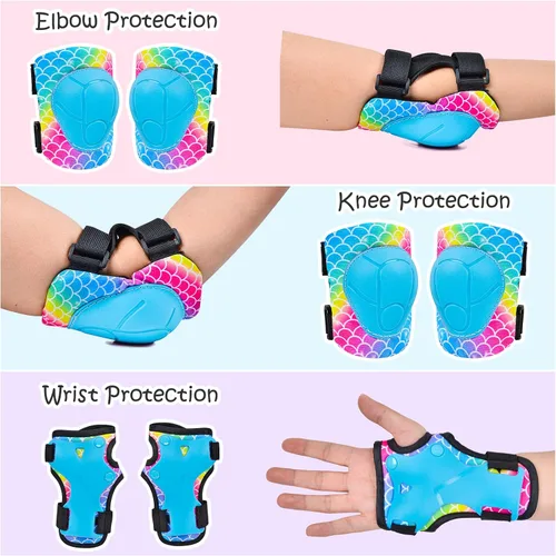Vista 3 de Rodilleras para niños, juego de equipo de protección ajustable con bolsa de malla, rodilleras y coderas, protector de muñeca para niñas, patines