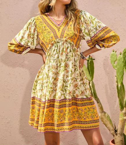 Vista 3 de BTFBM - Vestidos casuales de primavera y verano para mujer, cuello en V, manga larga 34, con volantes, floral, estilo bohemio, mini vestido de playa
