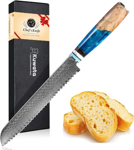 Vista 10 de Kuwata - Cuchillo Santoku profesional, cuchillo de cocina japonés de acero VG10 damasquinado, mango ergonómico de madera para chef, cuchillos