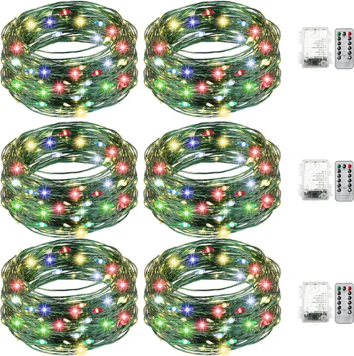 Vista 13 de Remagr 4 paquetes de luces de hadas navideñas de cadena, luces LED de alambre verde impermeables, funciona con pilas, con control remoto, 8 modos