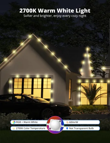 Vista 5 de Luces de exterior permanentes de 50 pies con 45 LED, luces de cadena LED RGB para exteriores que cambian de color con 60 lm de luz blanca cálida