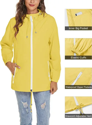 Vista 3 de Avoogue Chaqueta impermeable para mujer, ligera, transpirable, con capucha, rompevientos activos con bolsillo
