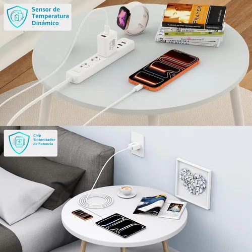 Vista 6 de Cargador para iPhone 17 de carga rápida, 60W GaN PD y QC Cargador de pared Bloque y cable Cargador de puerto Doul con cable USB C a tipo C de 6