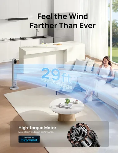 Vista 3 de DREO - Ventilador de torre para dormitorio, ventilador oscilante de 90°, ventilador de pie Gris