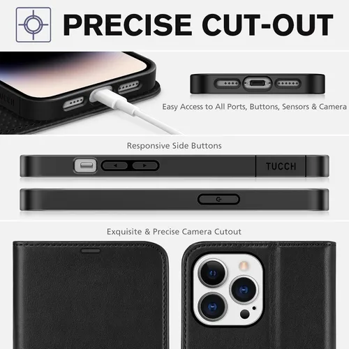 Vista 8 de Funda tipo billetera TUCCH para iPhone 14 Pro Max de 6.7", con bloqueo RFID, soporte para 4 tarjetas [carcasa interior de TPU a prueba de golpes]