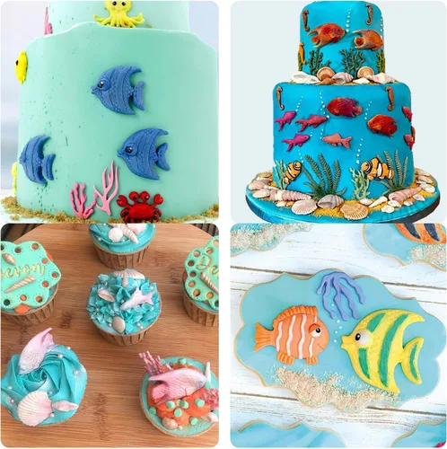 Vista 7 de Moldes del chocolate del pescado, moldes del caramelo del silicón del coral del pez del tiburón marino Fondant con temática de mar, decoración