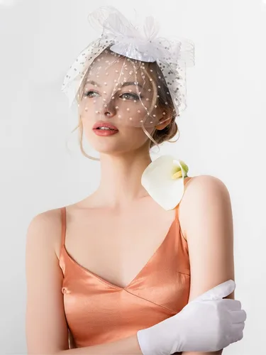 Vista 4 de SATINIOR Tocado de los años 50 para mujer, sombrero de velo fúnebre, sombrero de fiesta de té y guantes, pastillero, sombrero de cóctel