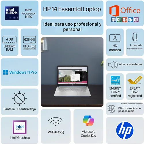 Vista 2 de HP Computadora portátil ultra ligera de 14 pulgadas 2026 Premium, MS Office, Copilot AI, CPU Intel de 4 núcleos, RAM DDR5 de 4 GB, almacenamiento