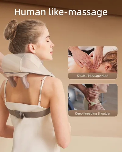 Vista 2 de Masajeador de cuello para aliviar el dolor de tejido profundo, alivia la tensión, amasador con calor, mejora la circulación, alivia el dolor Beige