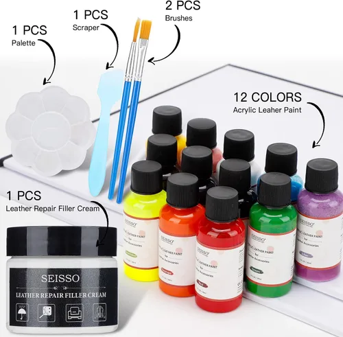Vista 4 de Kit de reparación de vinilo y cuero, 12 colores de pintura acrílica para cuero para zapatos, zapatillas, muebles de cuero, bolsos, asiento de coche