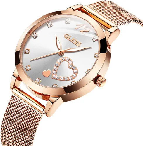 Vista 2 de OLEVS Relojes para mujer correa de malla de oro rosa vestido de moda cuarzo japonés impermeable luminoso para mujer conjunto de pulseras