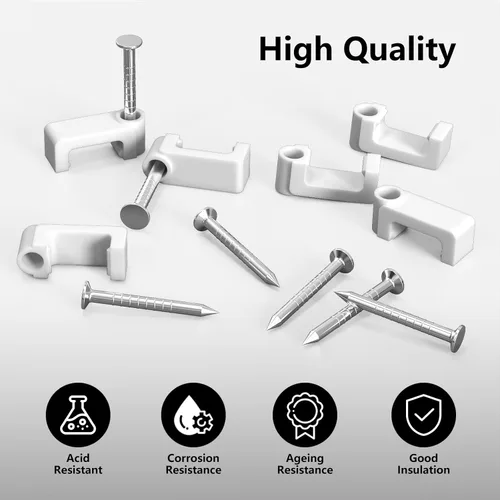 Vista 2 de Jadaol Clips para cable con clavos, paquete de 400 clips de cable (0.197 in, 0.236 in, 0.315 in, 0.394 in), clavijas planas de cable para cable