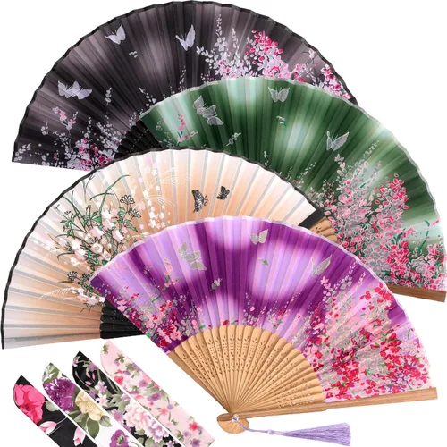 Vista 20 de Zonon 4 Pack de abanicos de mano florales plegables, abanicos de seda de bambú con borla para mujer, abanico de mano hueco plegable con funda