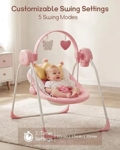 Vista 4 de Columpios de bebé para bebés, columpio para recién nacido, columpio portátil para bebés con música, velocidad adaptable, temporizador, cojín suave