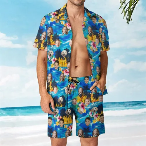 Vista 2 de Conjunto de camisa hawaiana personalizada para hombre, camisa de manga corta con botones y pantalones cortos, conjuntos casuales de vacaciones