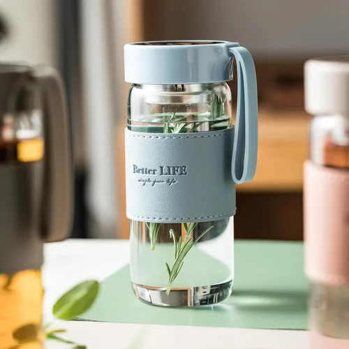 Vista 5 de Botella de Té de Vidrio de 16 oz Botella para Beber con Funda Antideslizante, e Infusor de Té de Acero Inoxidable, Tapa a Prueba de Fugas, Botella