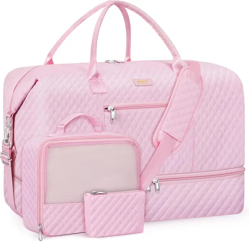 Vista 15 de Bolsa de fin de semana para mujer, bolsa de viaje de nailon, con compartimento para zapatos, tamaño grande 1-beige