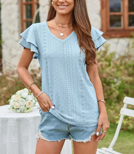 Vista 3 de Camisetas de verano para mujer, manga con volantes, cuello redondo, estilo casual, túnica